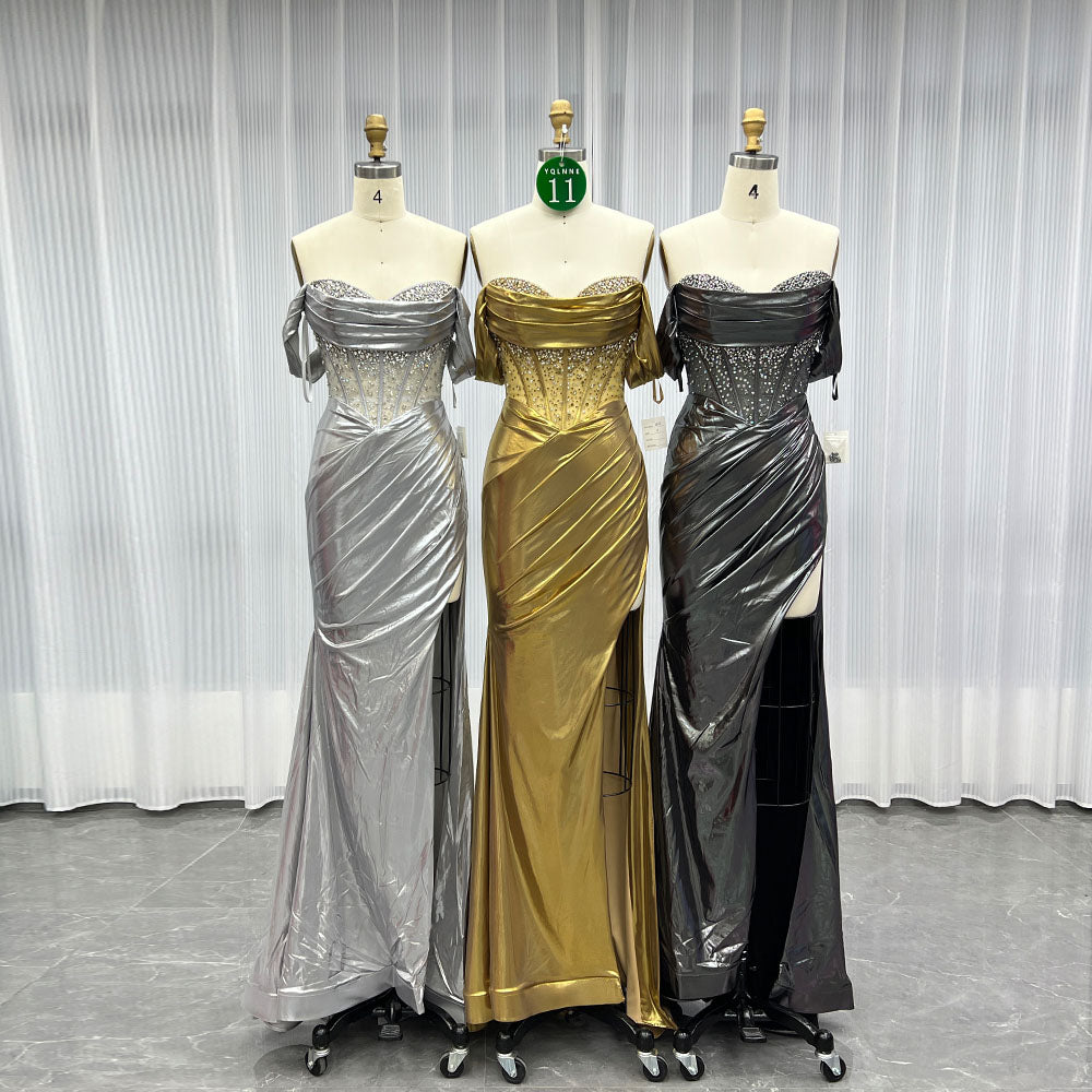 YQLNNE 011 Gold Off the Shoulder Crystals Prom Dresses Long Mermaid Party Gown