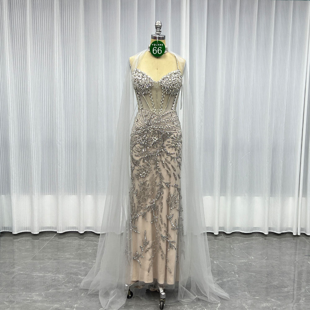 YQLNNE 066 Silver Nude Rhinestones Long Evening Dress Mermaid Party Dress With Cape