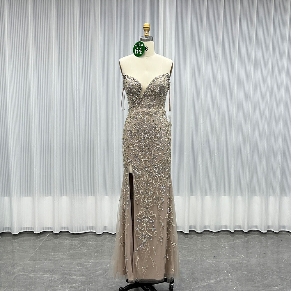 YQLNNE 064 Luxury Silver Nude Crystals Evening Dresses Long Mermaid Slit Tulle Beaded Formal Women Wedding Party Gown