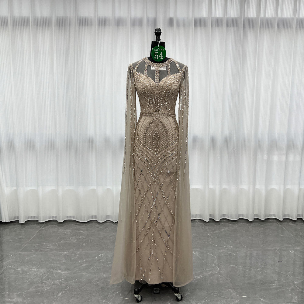 YQLNNE 054 Nude Long Evening Dress Crystals Beaded Formal Gowns