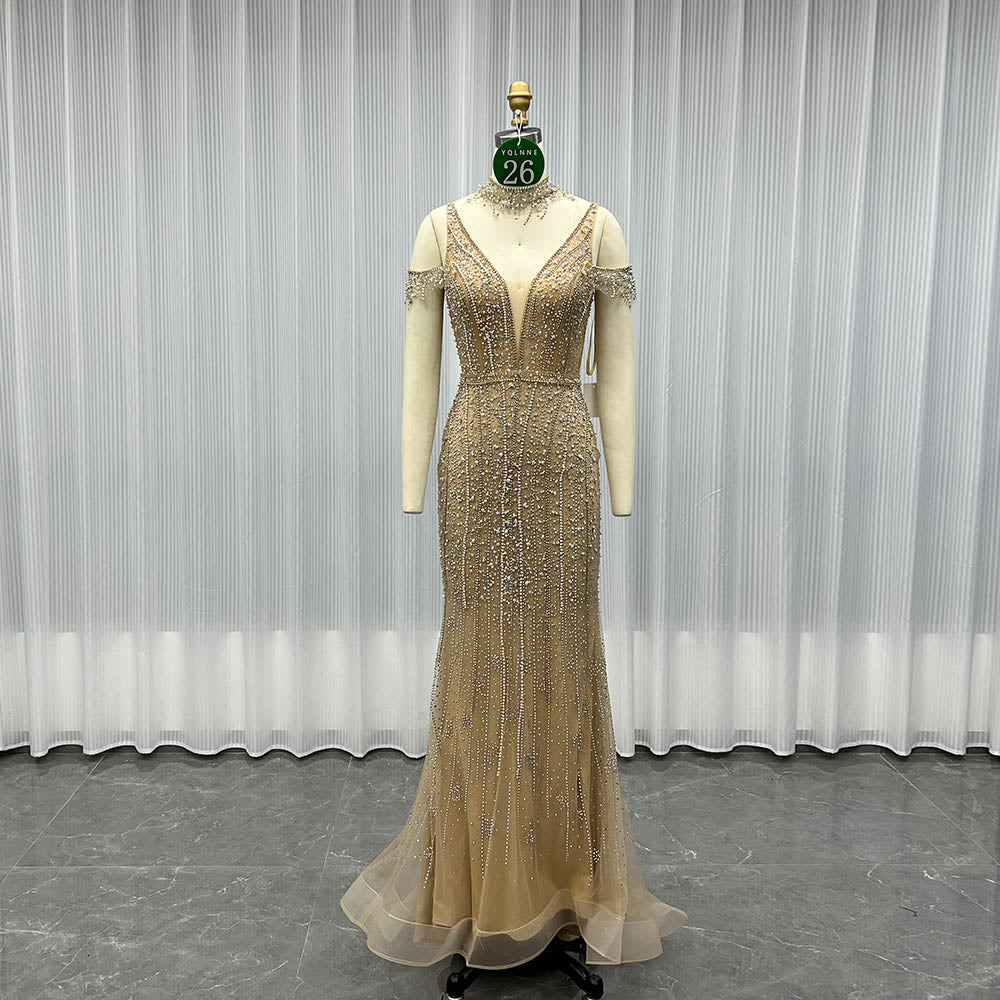 YQLNNE 026 Gold Off Shoulder Crystals Prom Dresses Long Beaded Formal Evening Party Gown