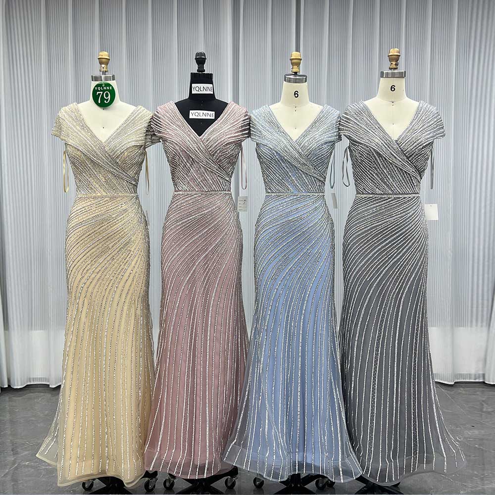 YQLNNE 079 Champagne Crystals Evening Dress Long Formal Gown For Mother of Bride