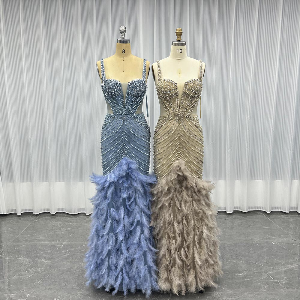 YQLNNE 045 Blue Feathers Crystals Evening Party Gown Mermaid Formal Dress