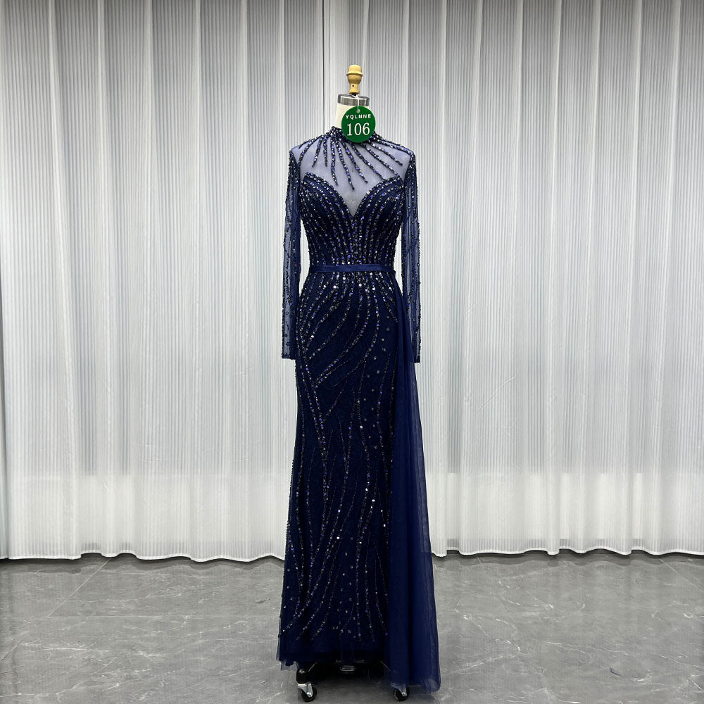 YQLNNE 0106 Modest Navy Long Sleeve Evening Dress Formal Party Gown