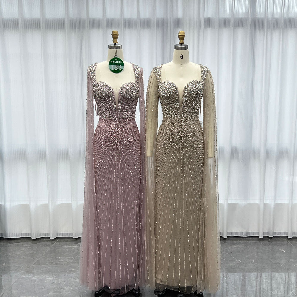 YQLNNE 0183 Luxury Pink Crystals Beaded Evening Dress Long Cape Sleeves