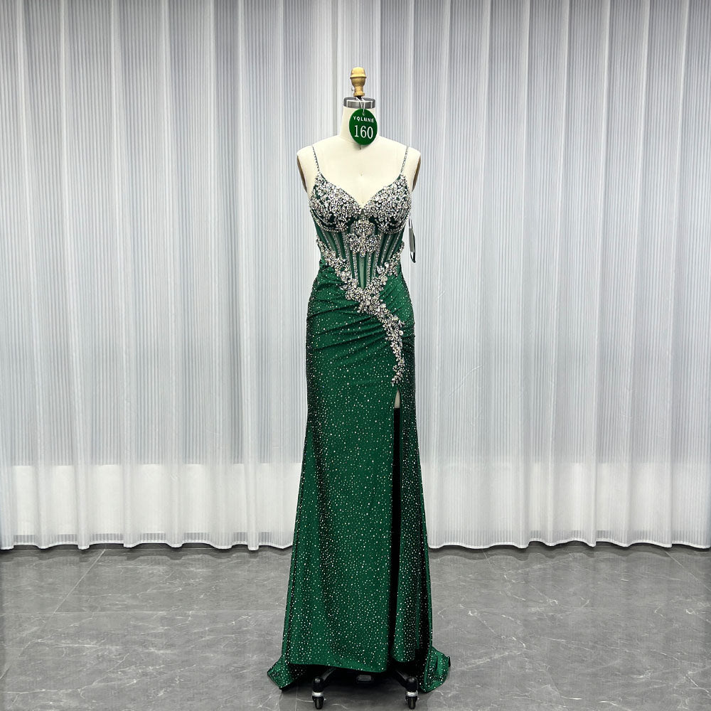 YQLNNE 0160 Dark Green Crystals Beaded Long Prom Dress Lace-up