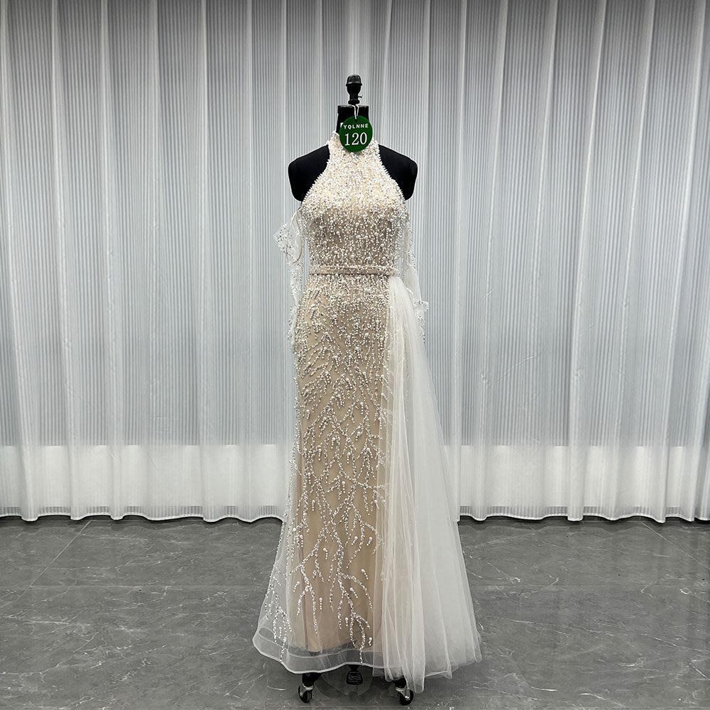 YQLNNE 0120 White Nude Pearls Beaded Evening Party Dress Wedding Gown