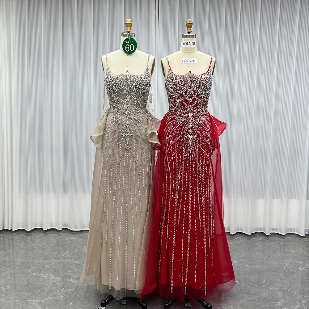 YQLNNE 060 Red Rhinestones Evening Dress Straps Long Mermaid Formal Gown