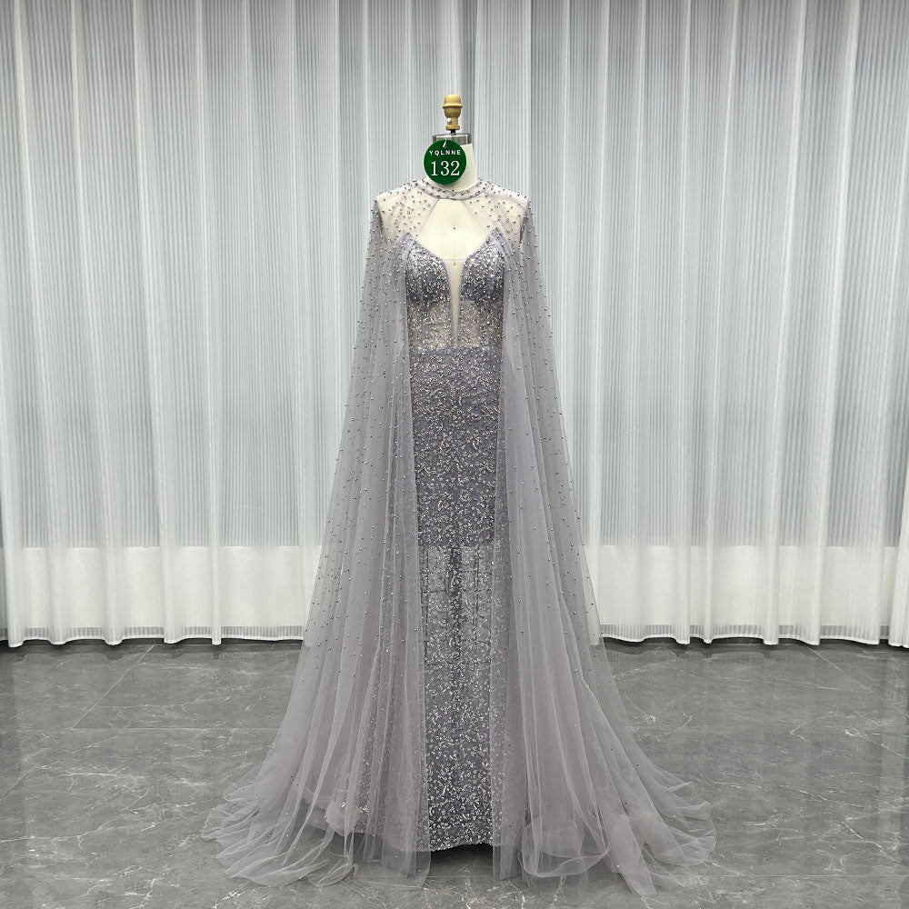 YQLNNE 0132 Dusty Lilac Pearls Beaded Evening Dress With Shawl