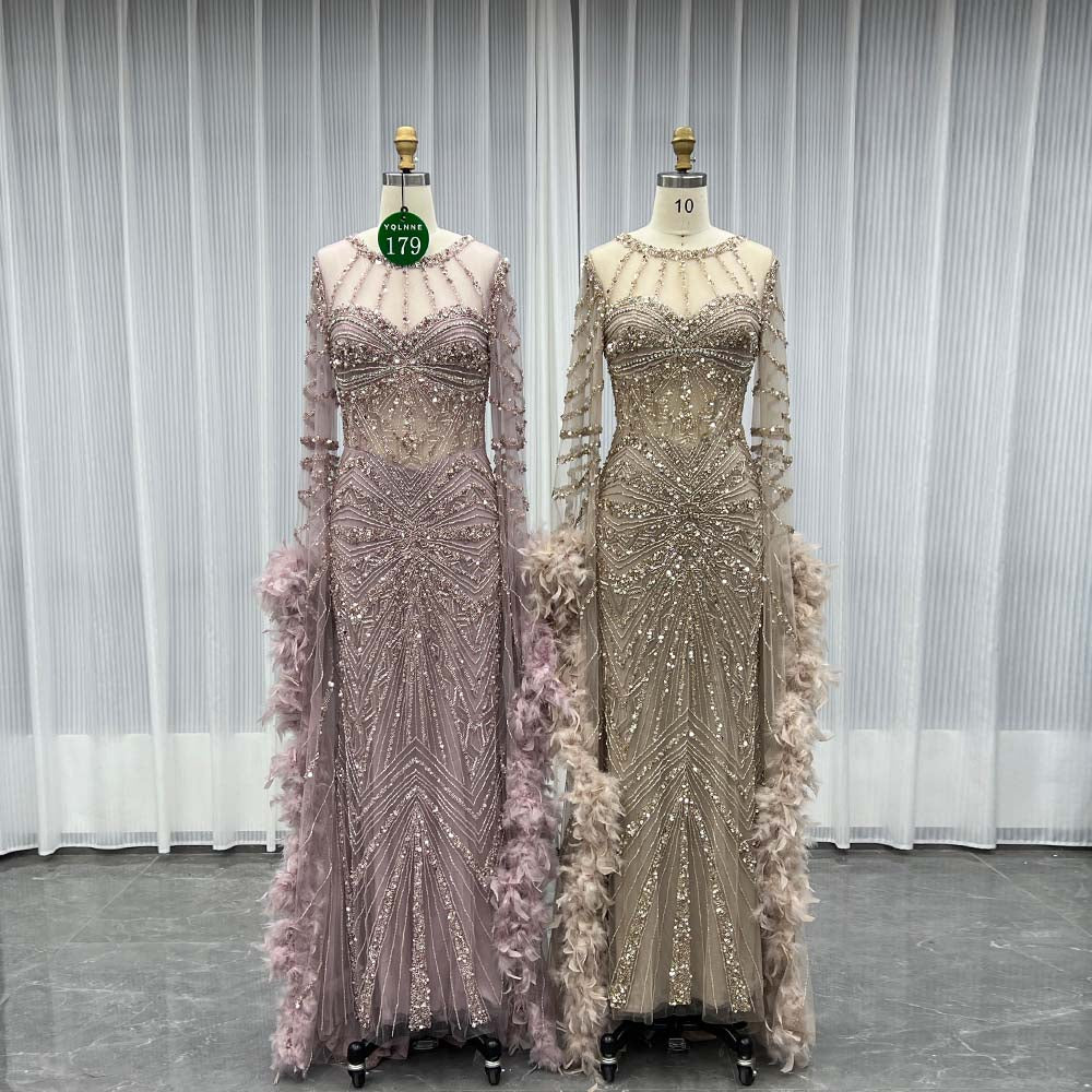YQLNNE 0179 Pink Long Sleeves Feathers Evening Dress With Handmade Crystals Beaded