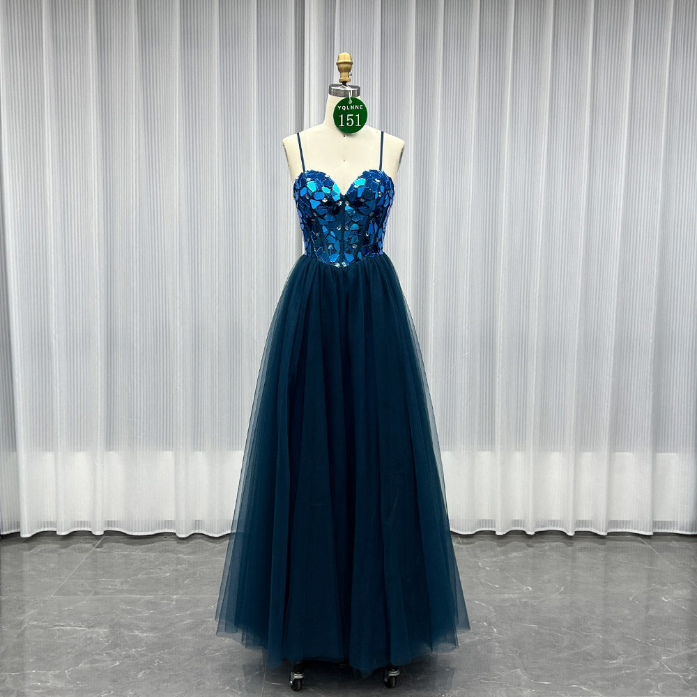 YQLNNE 0151 Blue Spaghetti Lens Long Prom Dress