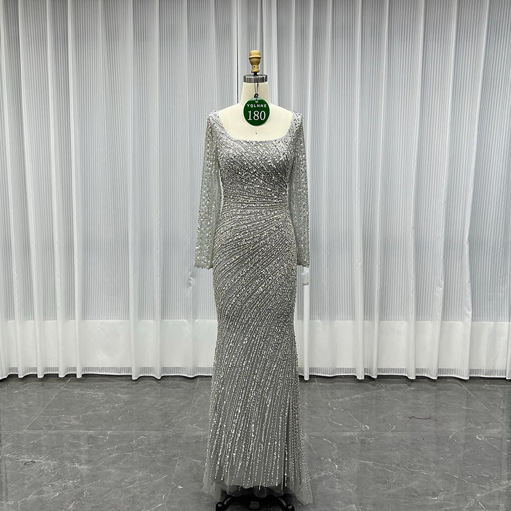 YQLNNE 0180 Silver Long Sleeves Evening Dress With Crystals Beaded