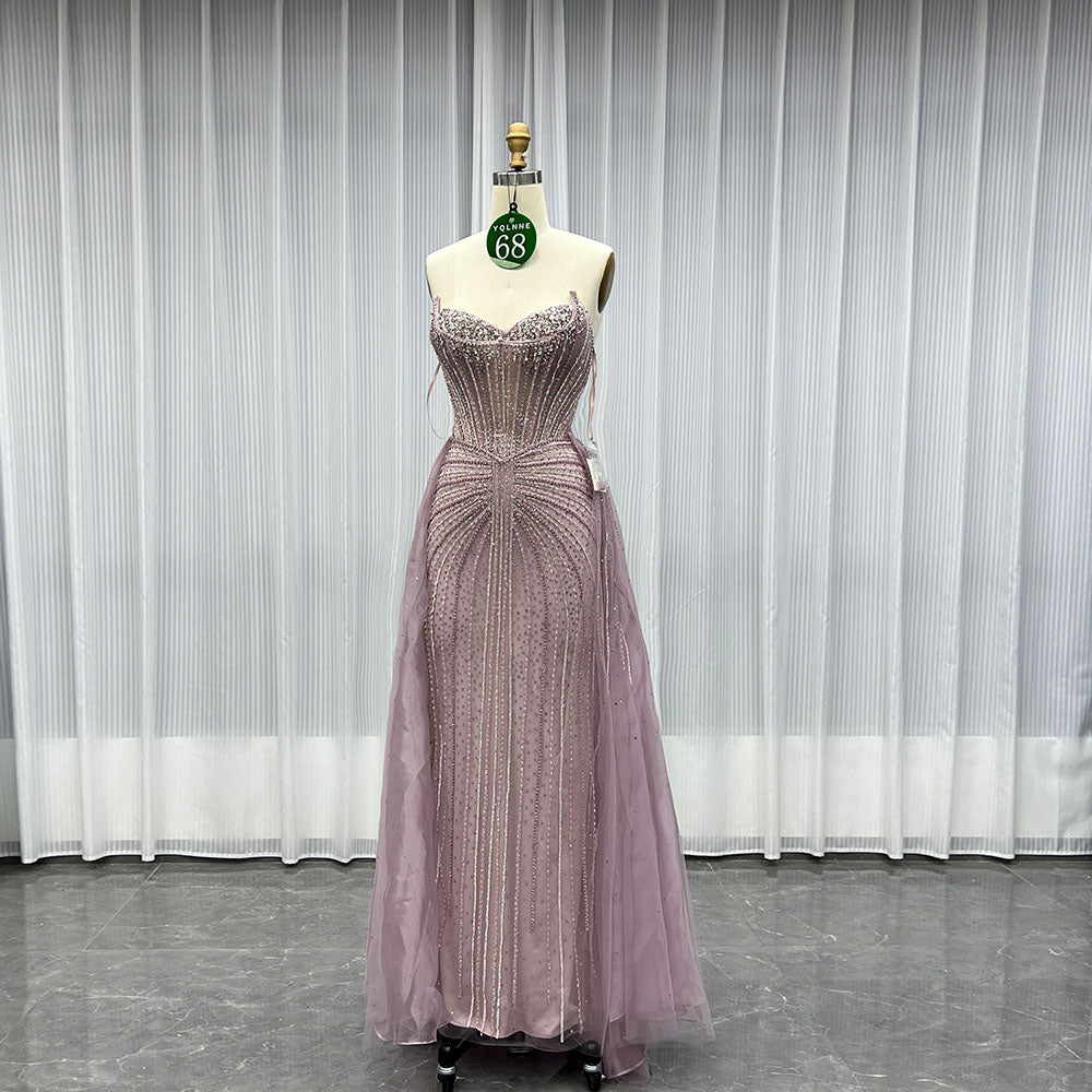 YQLNNE 068 Pink Crystals Beaded Evening Gown Long Mermaid Party Dress