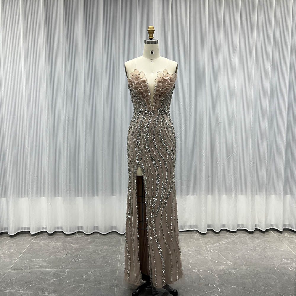 YQLNNE 040 Nude Strapless Long Evening Dress Crystals Beaded Formal Gown