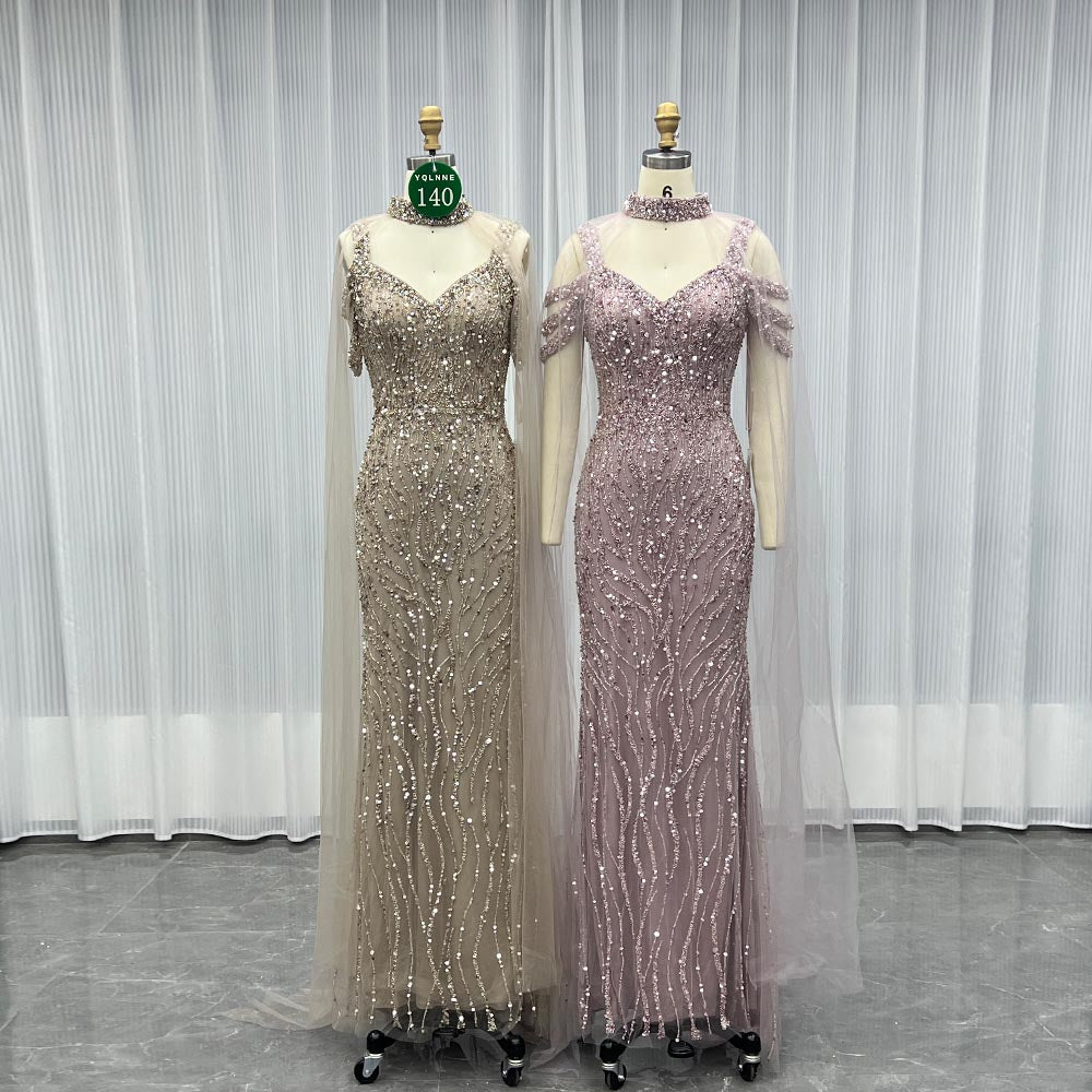 YQLNNE 0140 Nude Off Shoulder Crystals Beaded Evening Dress With Removable Shawl