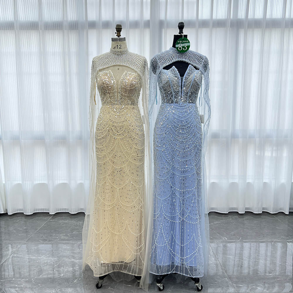 YQLNNE 083 Champagne Beading Long Evening Dress With Removable Shawl