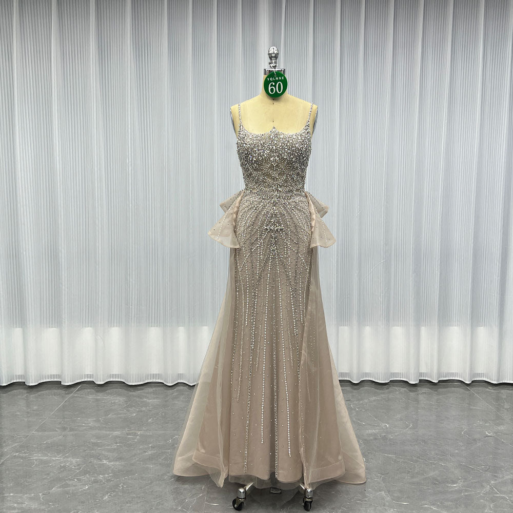 YQLNNE 060 Nude Diamonds Evening Dress Straps Beaded Long Mermaid Formal Party Gown