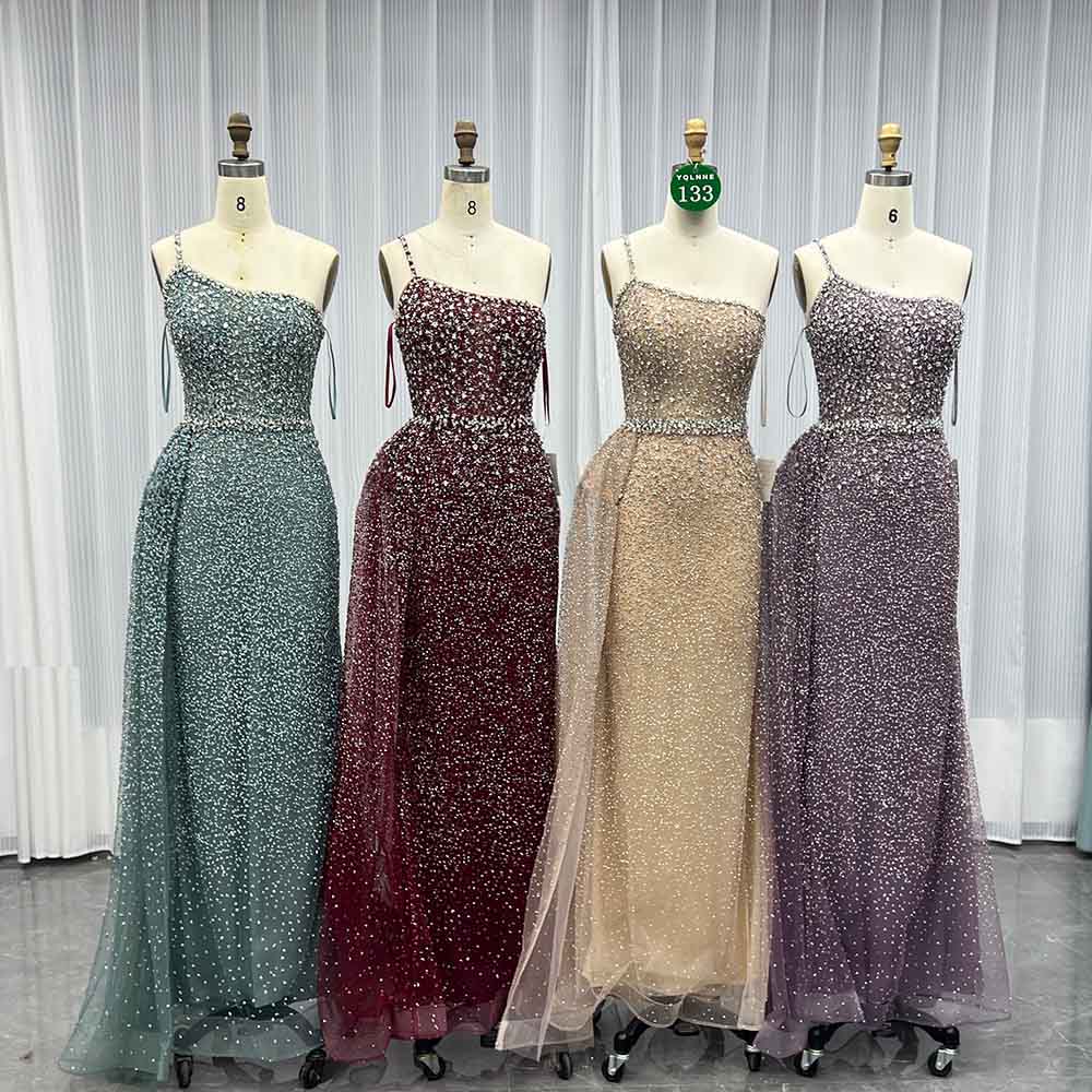 YQLNNE 0133 Rose Gold One Shoulder Crystals Evening Dress With Side Skirt
