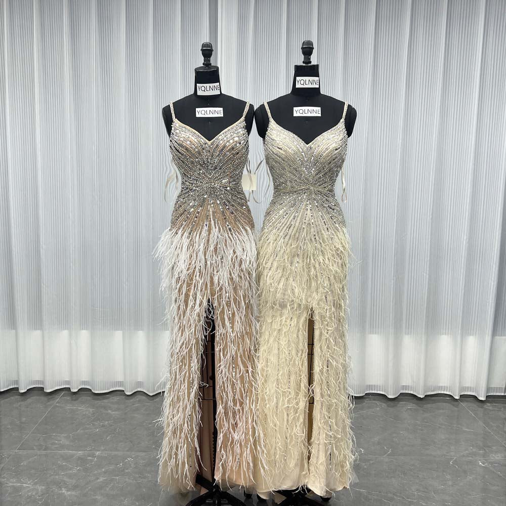YQLNNE 043 Silver Nude Feathers Crystals Evening Dress Wedding Party Gown