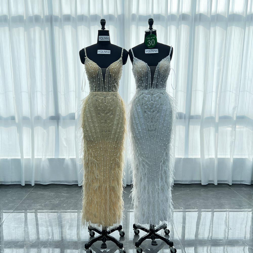 YQLNNE 030 White Feathers Crystals Evening Dress Tea-Length Beaded Gown