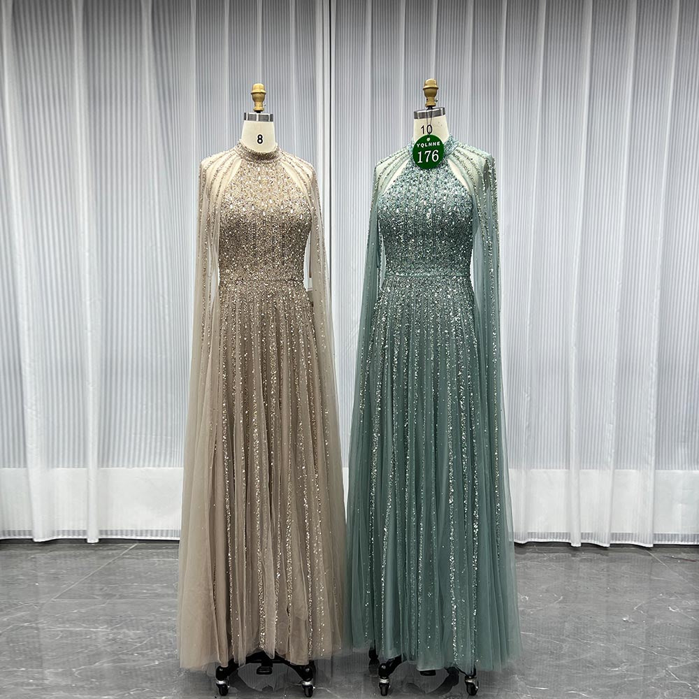 YQLNNE 0176 Sparkly Sage Crystals Evening Dress With Crystals Beaded Cape Sleeves