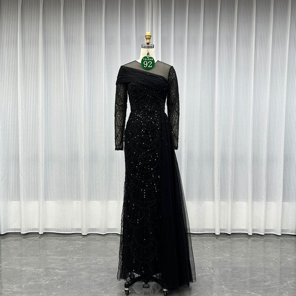 YQLNNE 092 Black Full Sleeves Beading Evening Dress