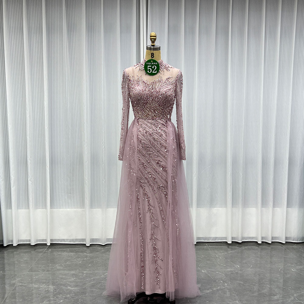 YQLNNE 052 Pink Long Sleeves Handmade Beaded Evening Dress With Removable Train