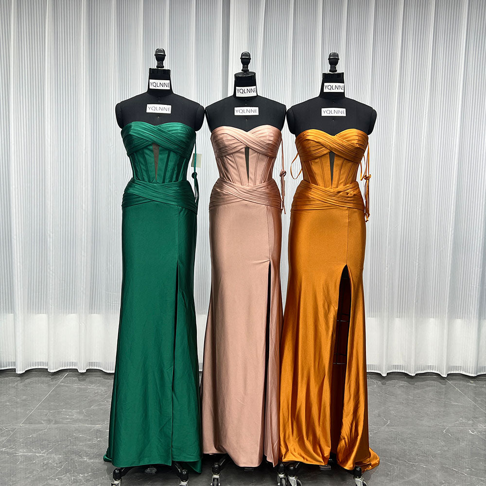 YQLNNE 097 Green Satin Long Slit Prom Dress Mermaid Party Gown