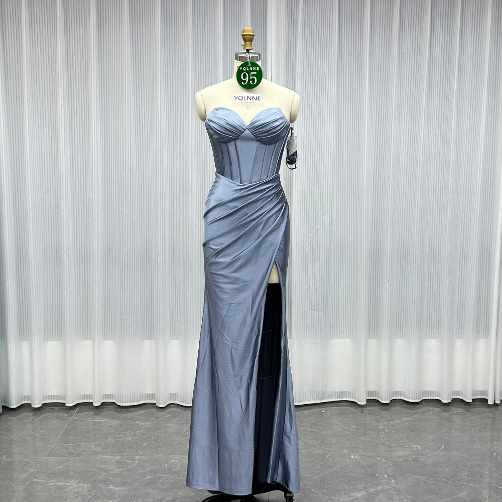 YQLNNE 095 Dusty Blue Strapless Satin Long Prom Dress Mermaid
