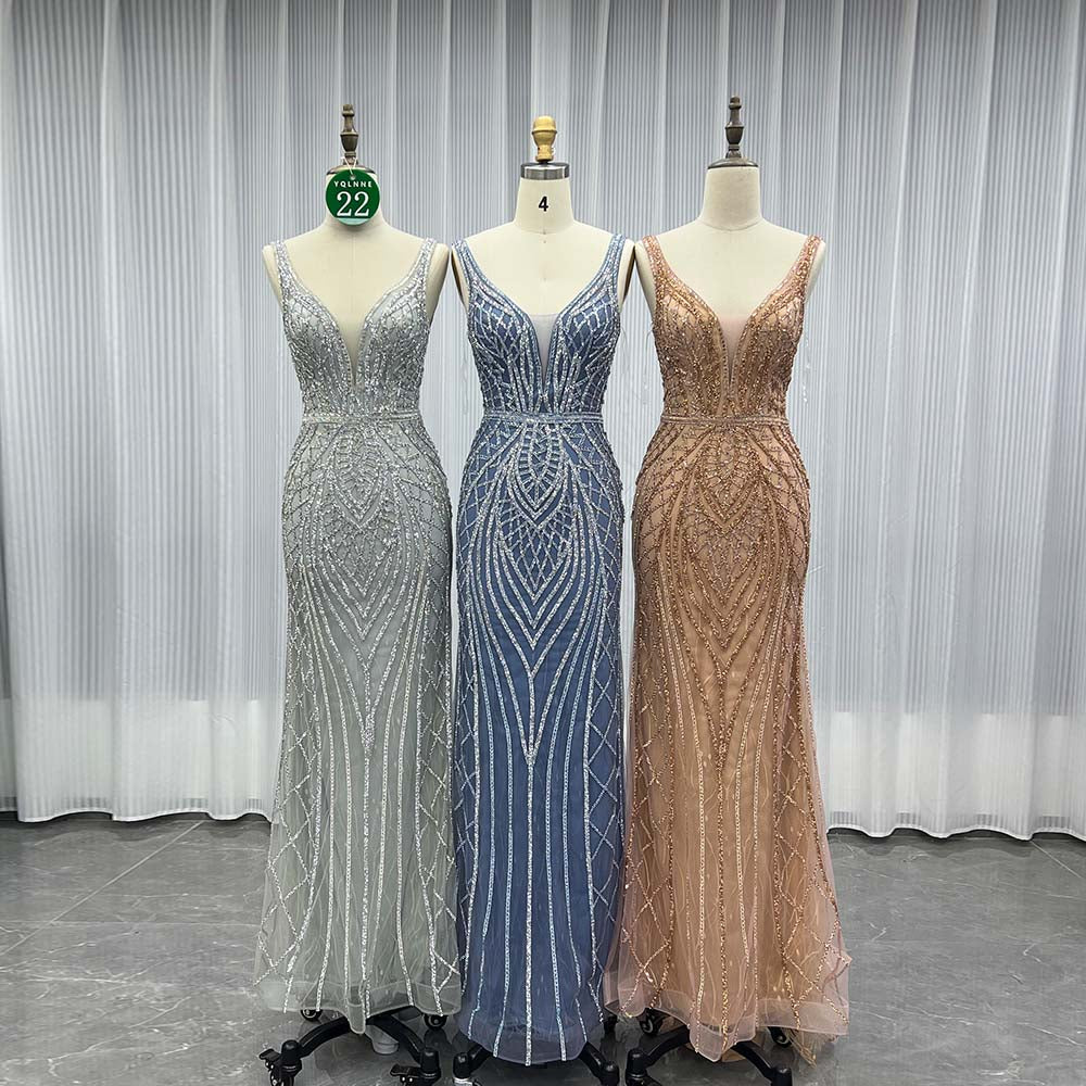 YQLNNE 022 Silver Crystals Long Prom Dress Mermaid Formal Evening Gown