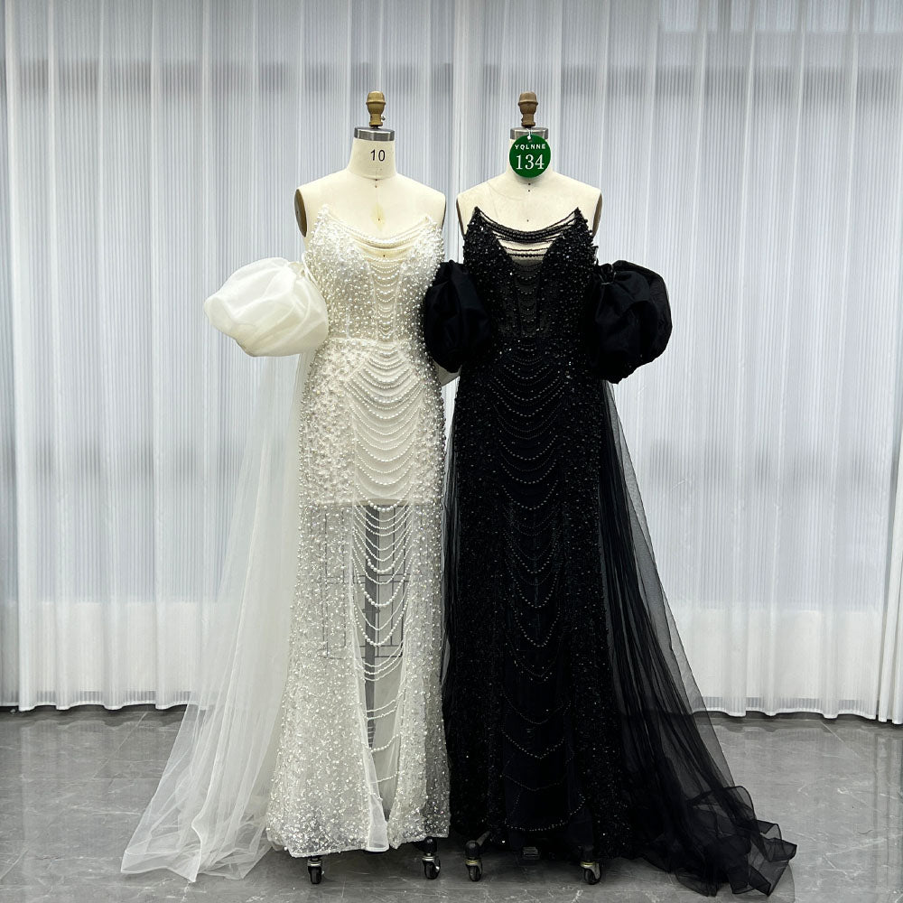 YQLNNE 0134 Black Strapless Beaded Pearls Evening Dress With Removable Sleeves