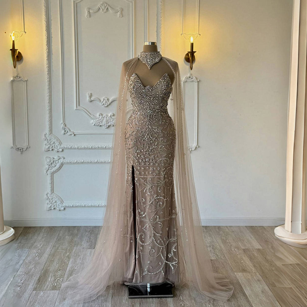 YQLNNE 036 Luxury Nude Crystals Evening Dress With Cape