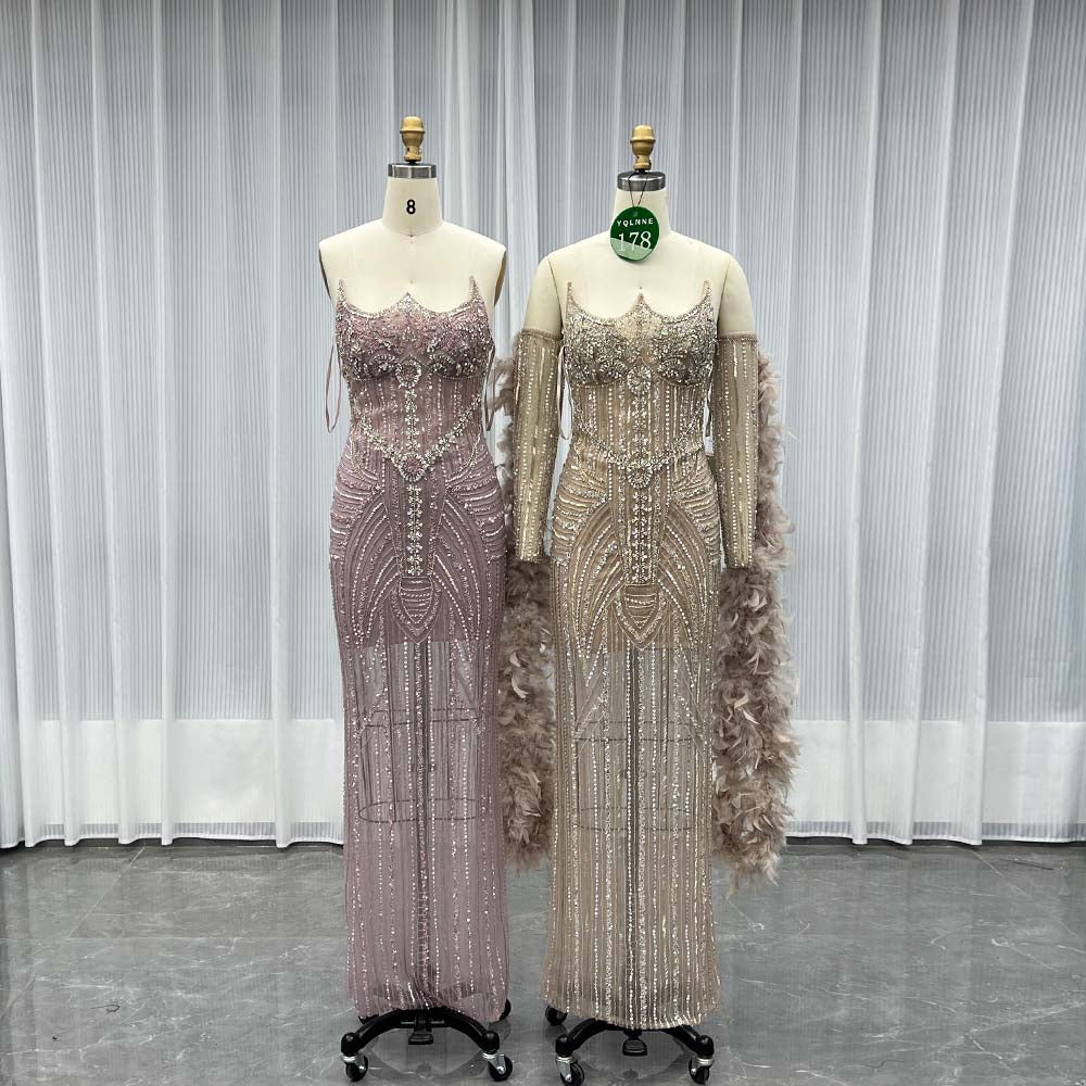 YQLNNE 0178 Pink Feathers Crystals Beaded Evening Dress Mermaid Removable Train