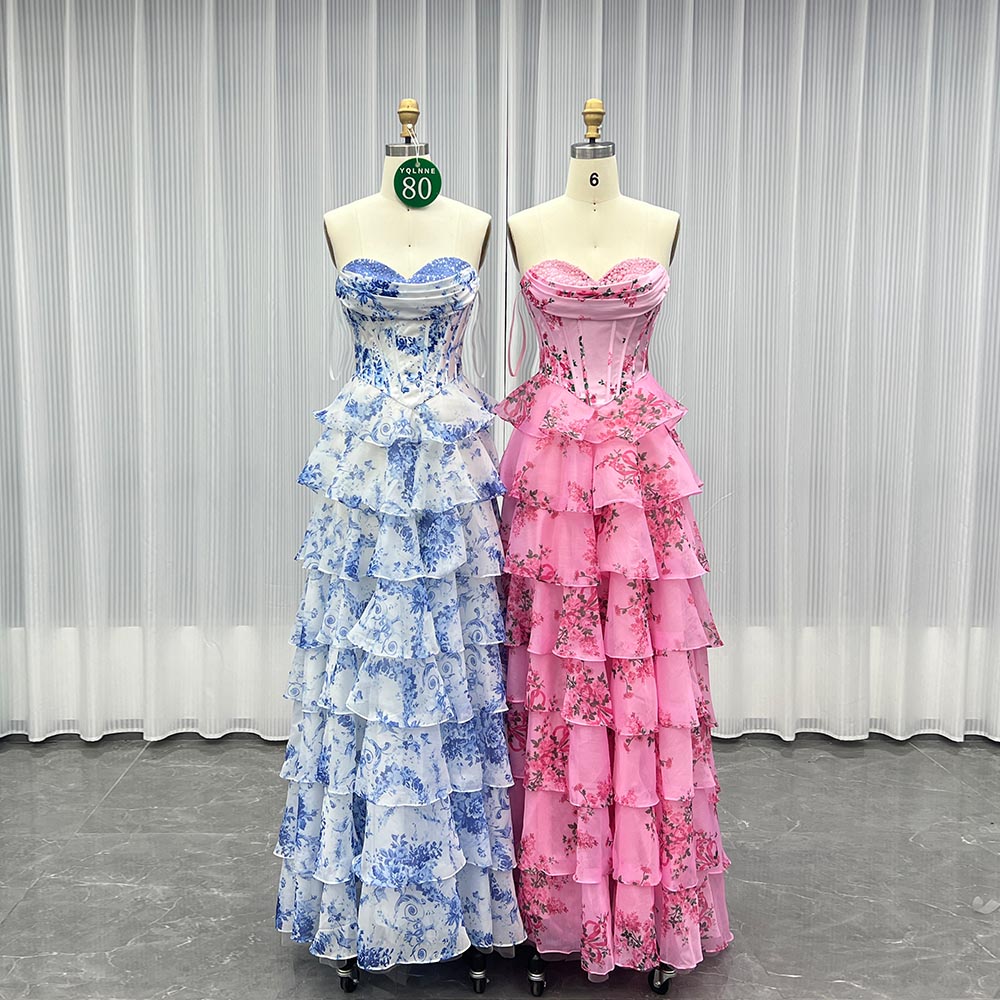 YQLNNE 080 Blue Printing Flowers Prom Dresses Long Slit Pink Party Dress