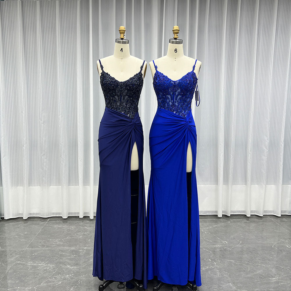 YQLNNE 01 Navy Spaghetti Long Slit Prom Dress With Beading