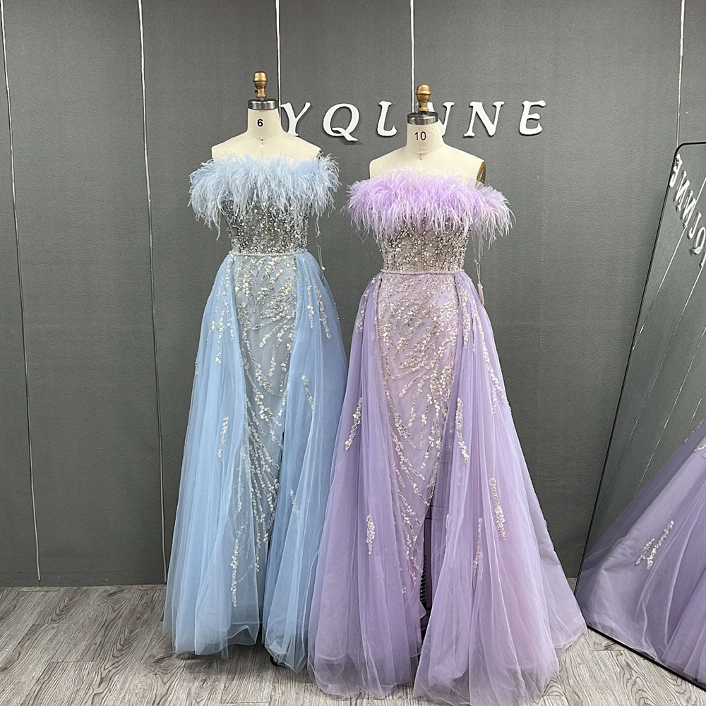 YQLNNE 0124 Blue Feathers Evening Dress Long Handmade Diamonds Formal Gown