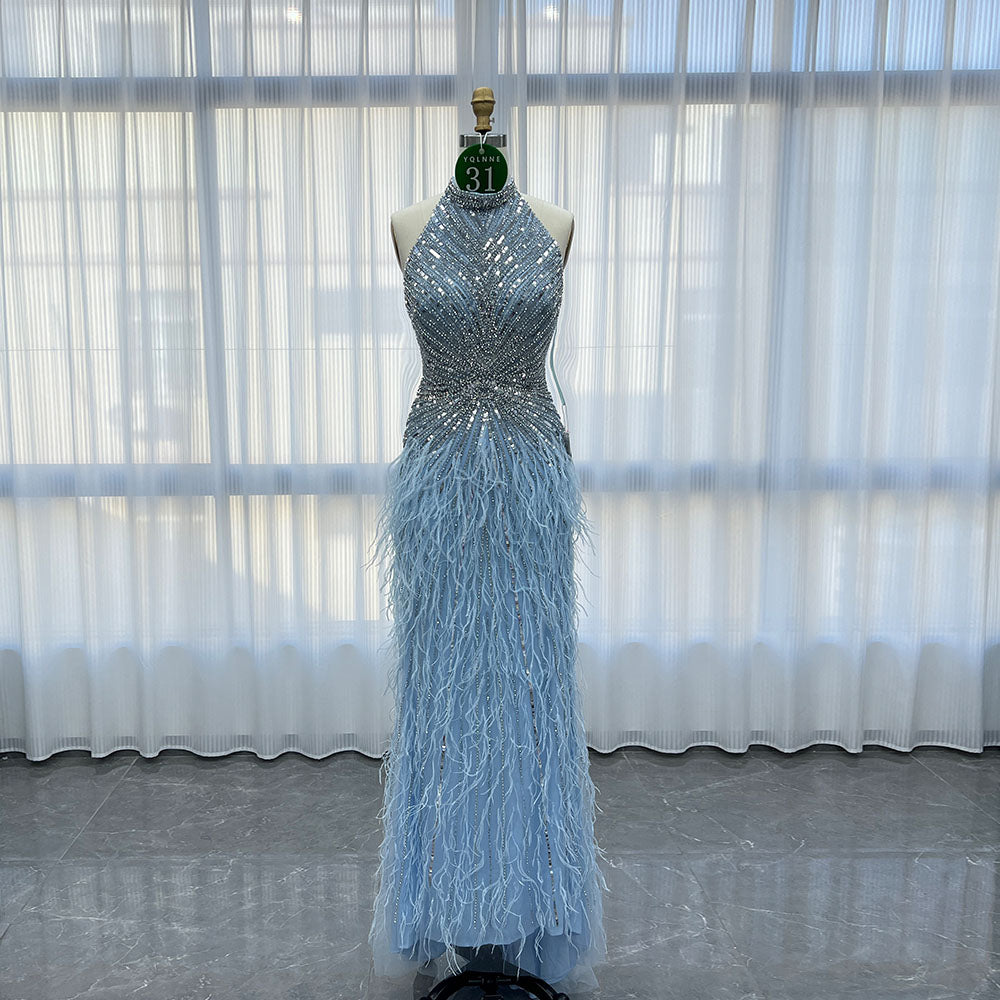 YQLNNE 031 Sky Blue Feathers Crystals Evening Dress Halter
