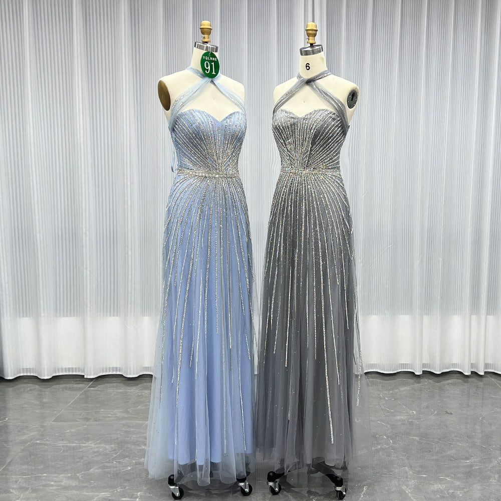 YQLNNE 091 Blue Crystals Long Prom Dress Halter