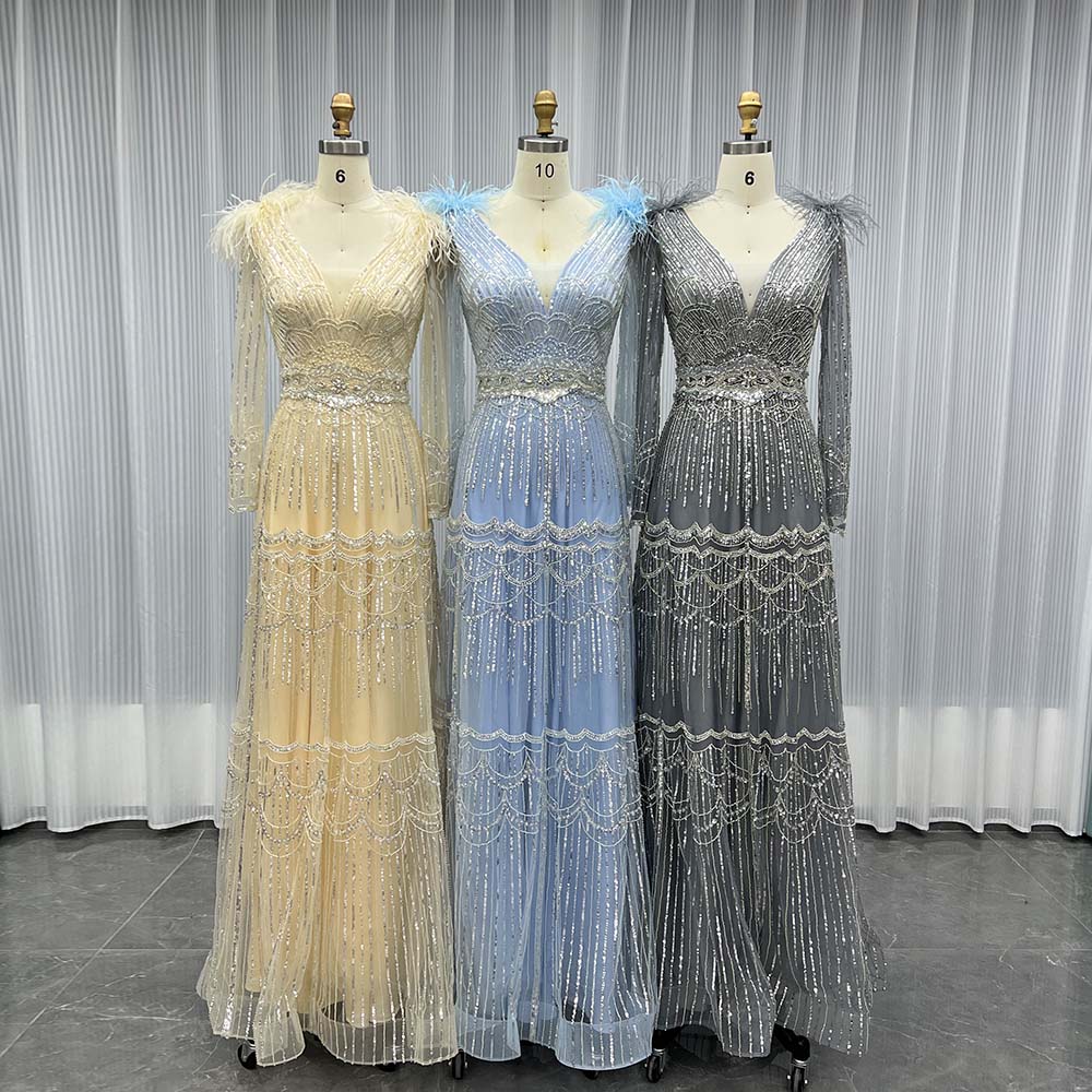 YQLNNE 17007 Muslim Feathers Evening Dress Long Sleeve Women Party Gown