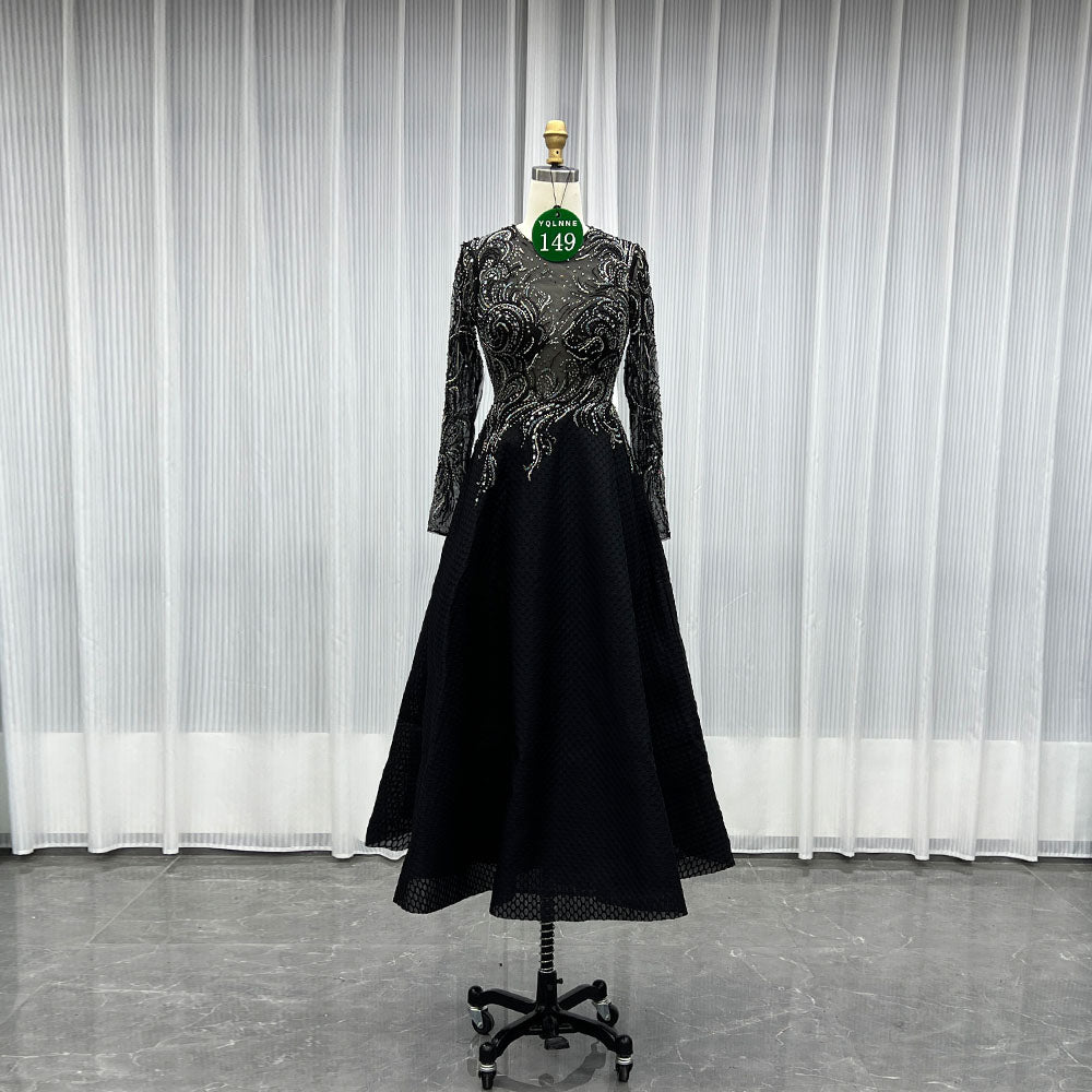 YQLNNE 0149 Black Crystals Beaded Tea-Length Evening Party Dress Full Sleeves