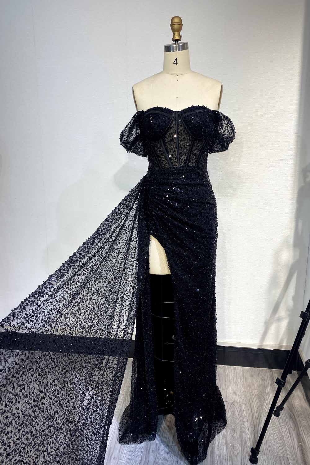 YQLNNE 111 Black Off the Shoulder Evening Dress Sequined Slit Party Gown