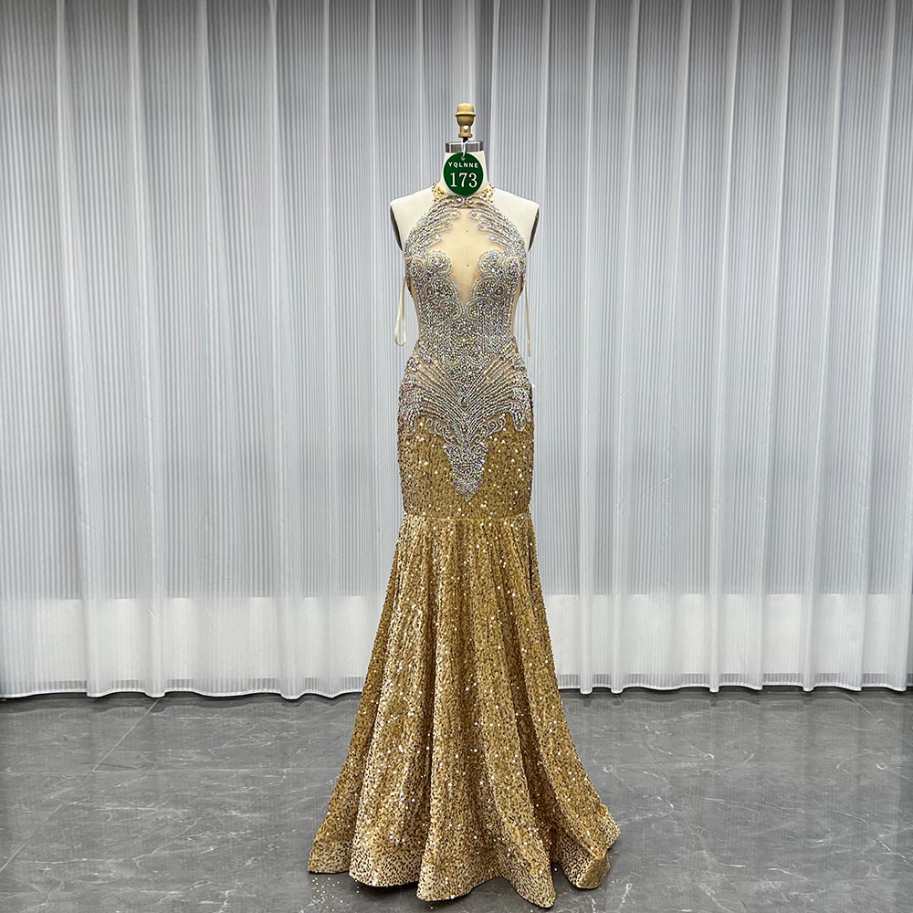 YQLNNE 0173 Gold Crystals Long Prom Dress Halter Sequined Formal Gown