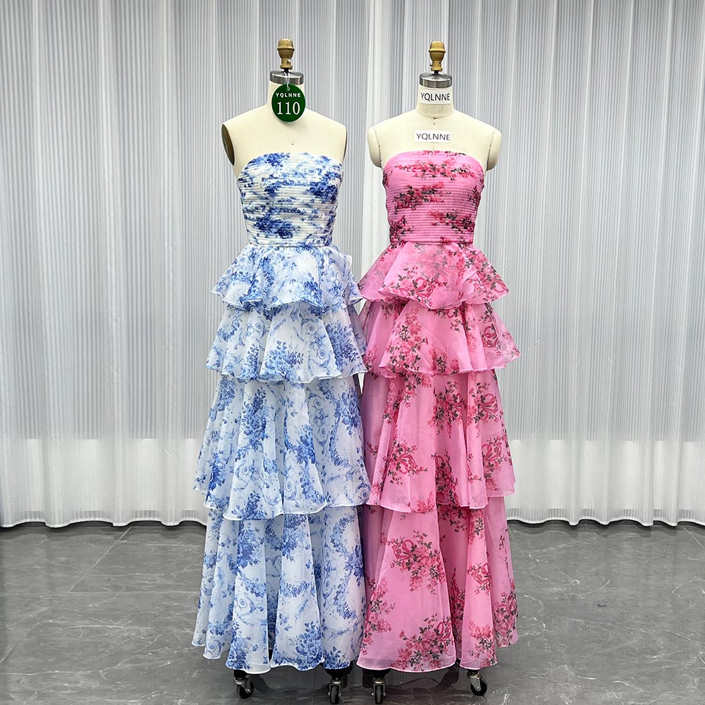 YQLNNE 0110 Pink Print Flowers Prom Dress Strapless Long Party Gown
