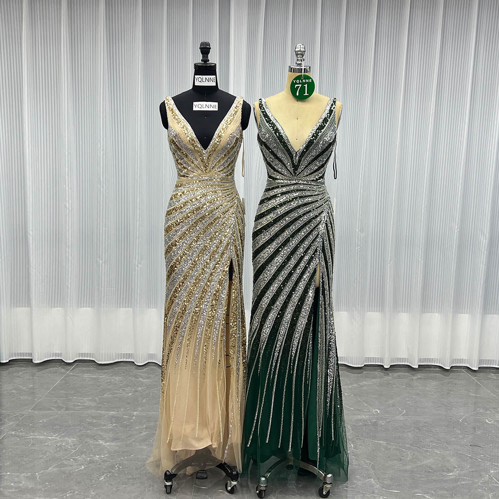 YQLNNE 071 Gold Sequined Long Prom Dresses Mermaid Party Dress