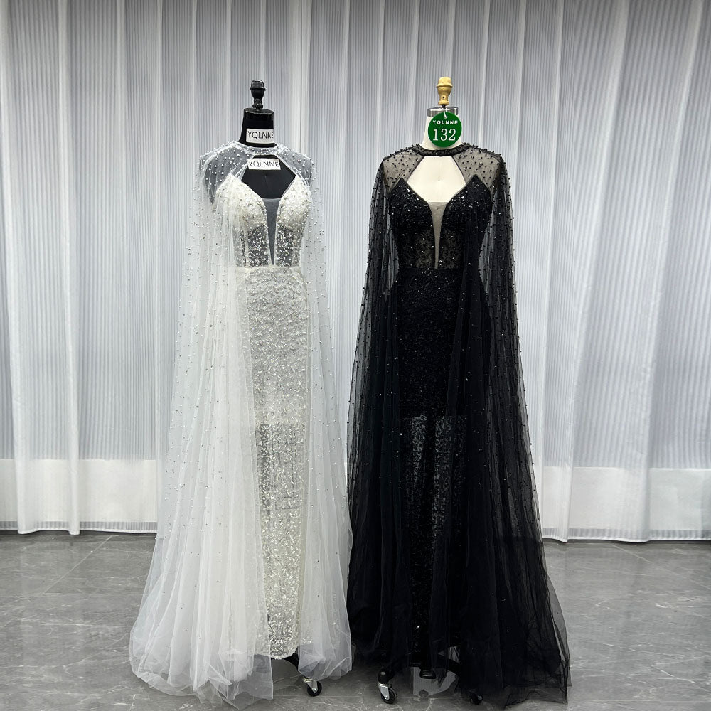 YQLNNE 0132 Black Strapless Beaded Evening Dress With Removable Shawl