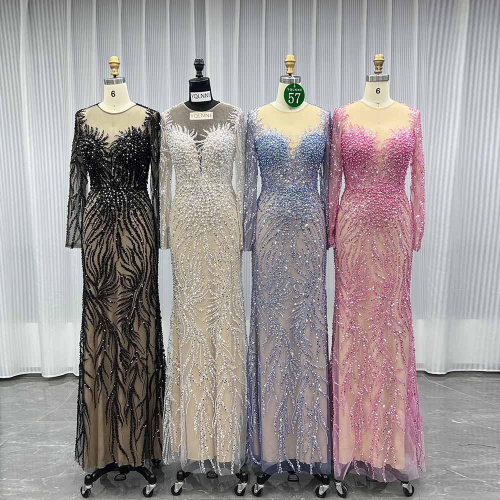 YQLNNE 057 Modest White Pearls Long Sleeves Evening Dress Wedding Party Gown