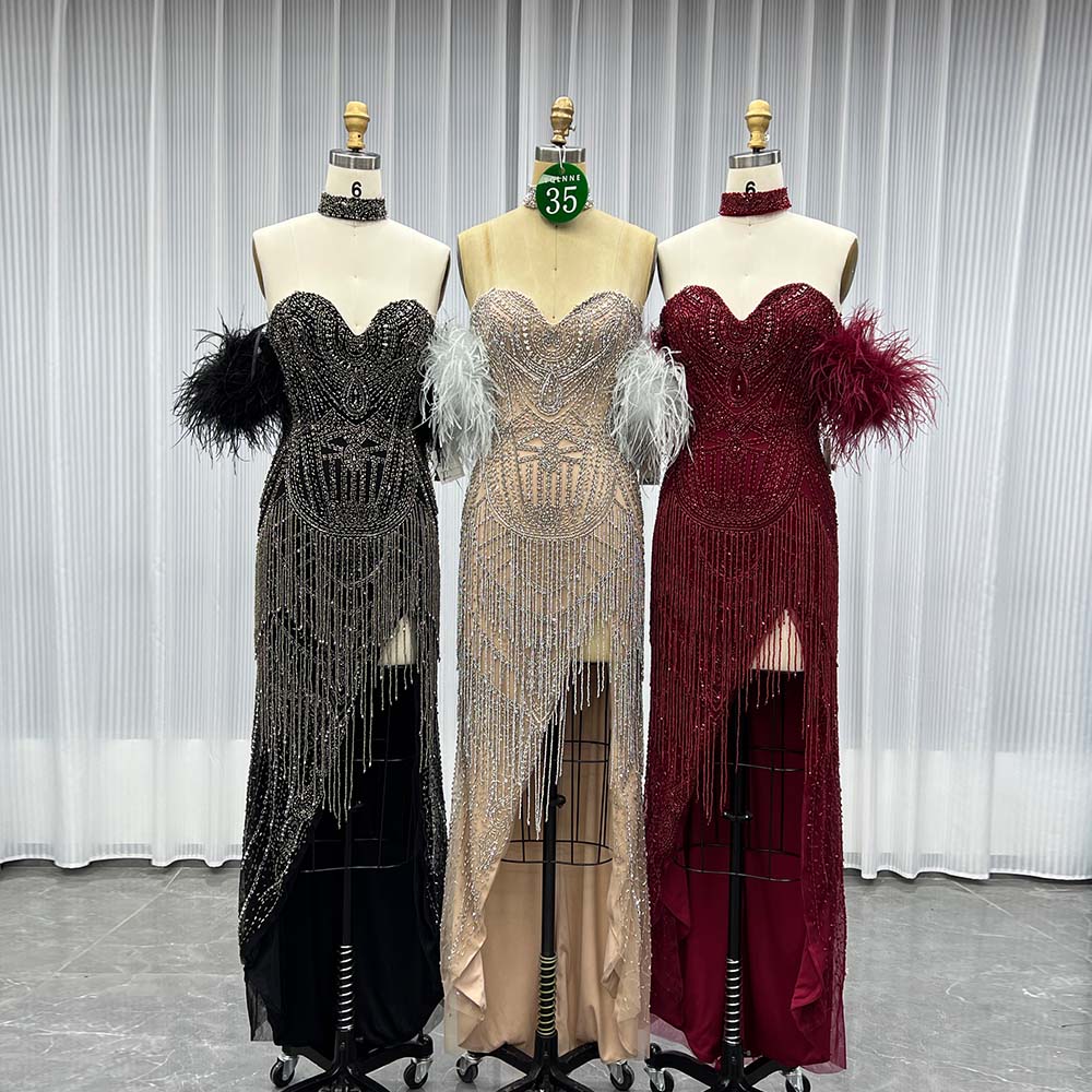 YQLNNE 035 Burgundy Feathers Slit Evening Dress With Handmade Crystals Beaded