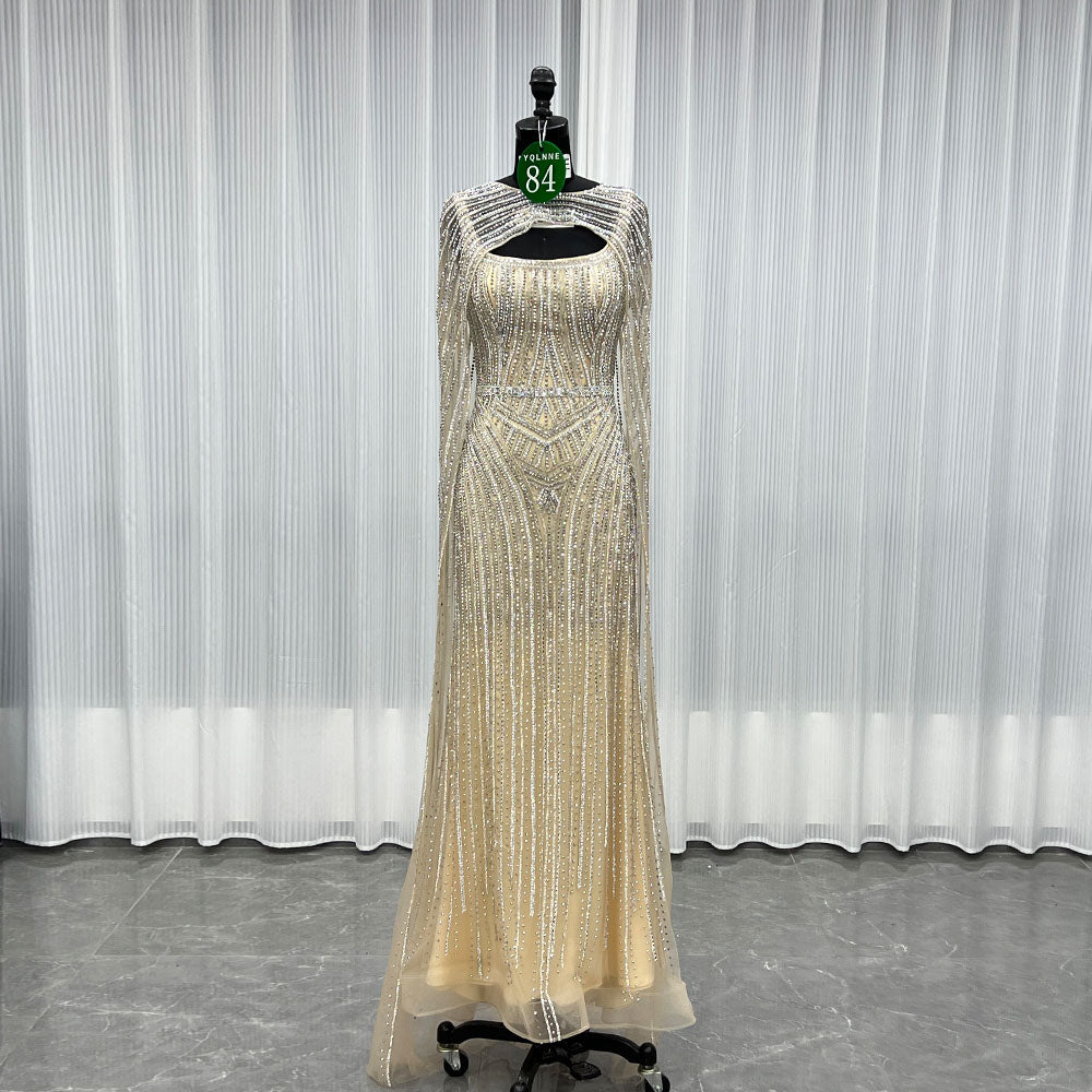 YQLNNE 084 Nude Crystals Evening Dress Long Women Party Gown