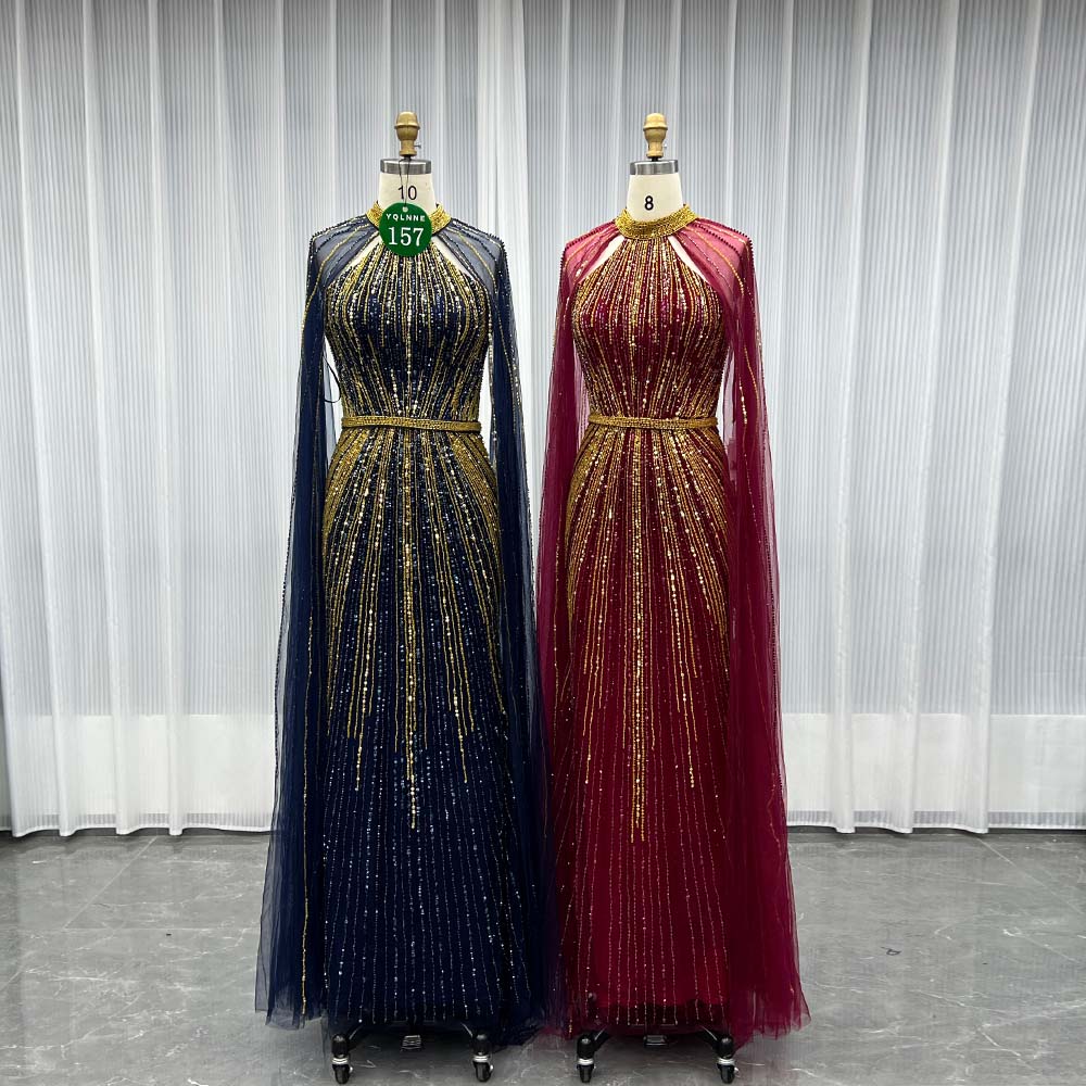 YQLNNE 0157 Navy High Collar Evening Dress With Handmade Crystals Beaded