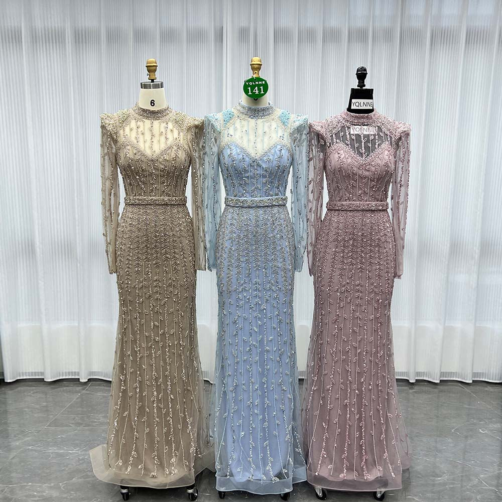 YQLNNE 0141 Modest Pink Full Sleeves Evening Dress Handmade Beaded Pearls Muslim Formal Gown